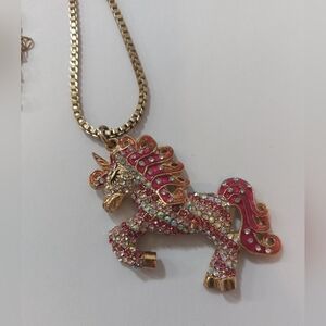 Betsey Johnson Rhinestone Pink Unicorn Gold Tone Necklace NEW